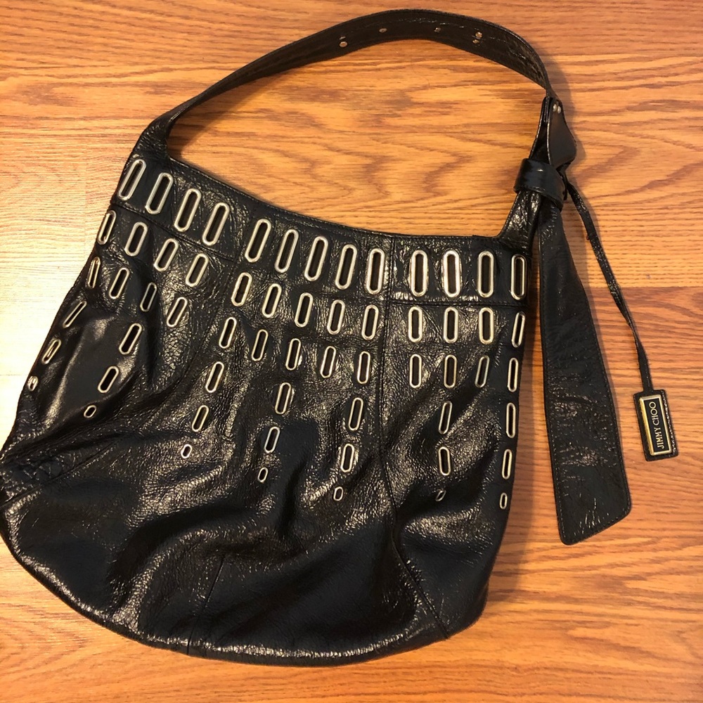 Jimmy Choo black crinkle patent leather handbag